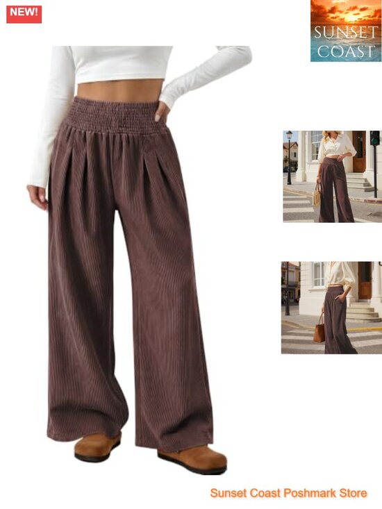 Pants - Wide Leg Palazzo Corduroy Pants Smocked Elastic Waist Pockets